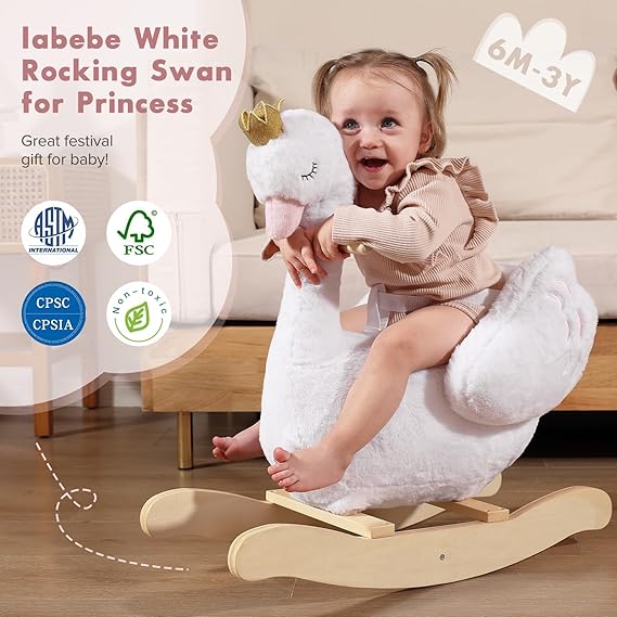 Kids Rocking Horse White Swan with Little Plush Doll Toys, Stuffed Animal Wooden Rocker for Children 6 Months Boys and Girls/Nursery Christmas, Birthday Gift (Rocking Swan)