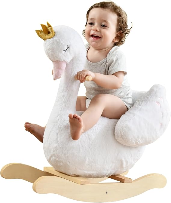 Kids Rocking Horse White Swan with Little Plush Doll Toys, Stuffed Animal Wooden Rocker for Children 6 Months Boys and Girls/Nursery Christmas, Birthday Gift (Rocking Swan)