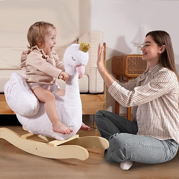 Kids Rocking Horse White Swan with Little Plush Doll Toys, Stuffed Animal Wooden Rocker for Children 6 Months Boys and Girls/Nursery Christmas, Birthday Gift (Rocking Swan)