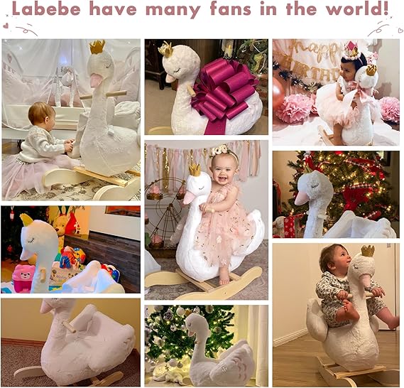 Kids Rocking Horse White Swan with Little Plush Doll Toys, Stuffed Animal Wooden Rocker for Children 6 Months Boys and Girls/Nursery Christmas, Birthday Gift (Rocking Swan)